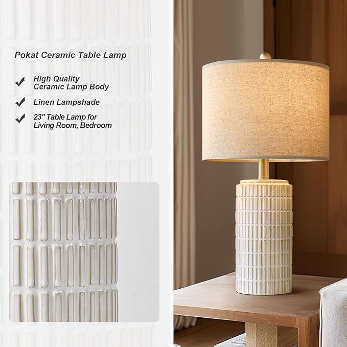 PoKat 23" Modern Ceramic Table Lamp Set of 2 for Living Room White Desk Lamps for Bedroom Farmhouse Bedside Nightstand Bedside Lamp End Table Lamps Beige - Bloomnest