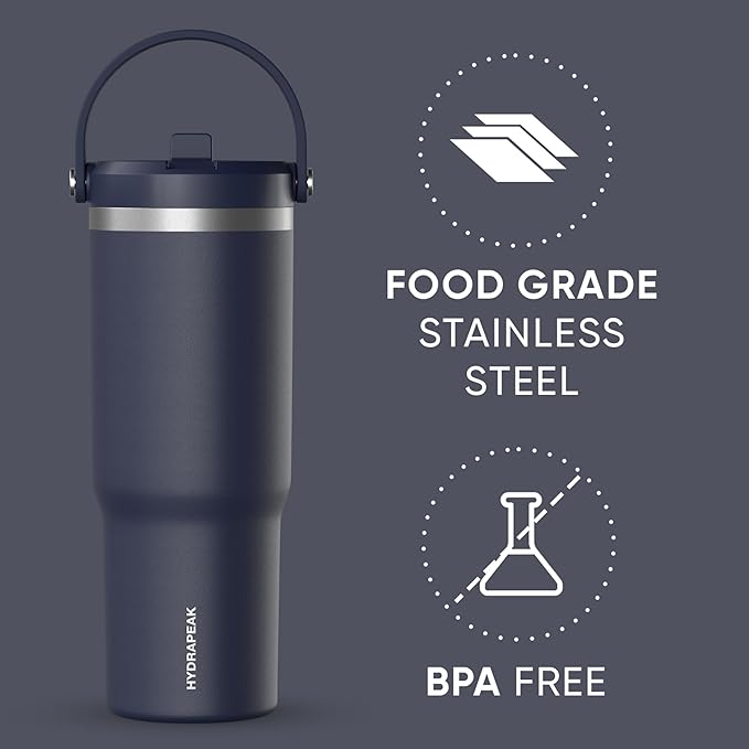Hydrapeak Nomad 32 oz Tumbler with Handle and Straw Lid, Leakproof, Double Insulated, 32oz Cup, Stainless Steel | Navy - Bloomnest