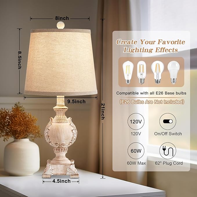 21'' Small Table Lamps Set of 2 Farmhouse Bedside Lamps for Bedroom Nightstand Vintage Carved Floral Side Table Lamps for Living Room Kids Home Office, Wooden Finish, Bulb Not Include - Bloomnest