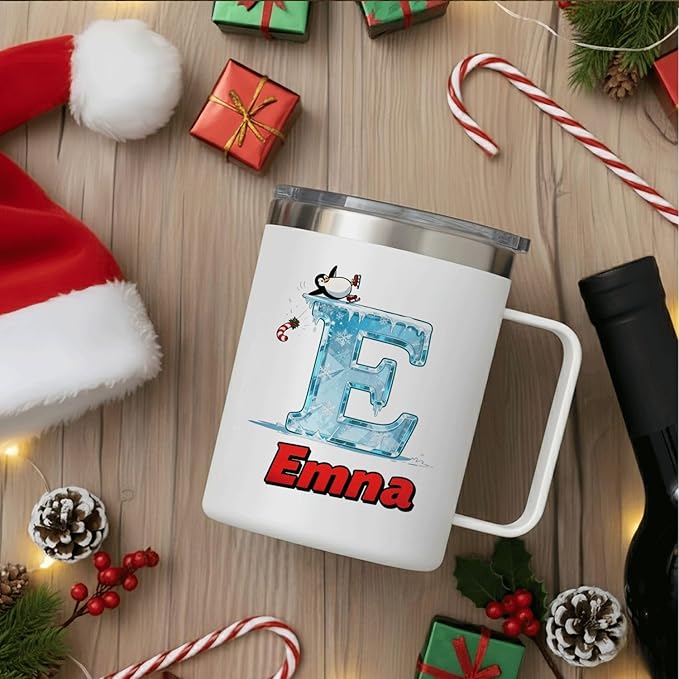 JugJug Personalized Christmas Mug with Ice Initial & Name - Funny Skating Penguin 12oz Insulated Coffee Cup w/Lid - Cool Xmas Gifts for Kids, Girls (B176) - Bloomnest