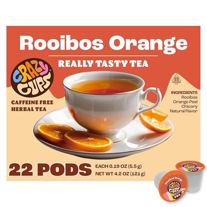 Crazy Cups Rooibos Orange Herbal Tea Pods, 22 Count | Naturally Caffeine Free, Kosher Certified, Zesty Orange & Rooibos Blend, K Cup Compatible, Gluten Free, Vegan, Relaxing Herbal Tea - Bloomnest