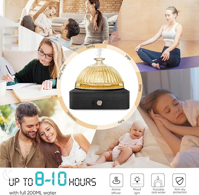 Glass Dome Essential Oil Diffuser with Glass Reservoir & Wood Base-Plastic Free, 200ml Ultrasonic Diffuser for Aromatherapy with Timer 7 Color Light Auto-Off for Home Office Yoga Dark Brown - Bloomnest