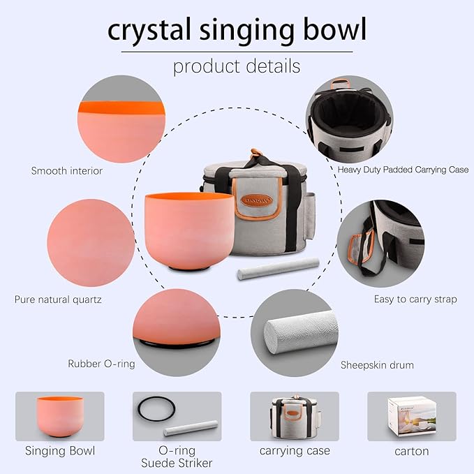 RYAN DVAN 8” D Note Orange Frosted Sacral Chakra Crystal Singing Bowl with Free Heavy-Duty Carrying Case and Suede Striker O-Ring - Bloomnest