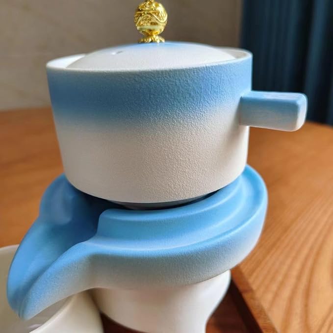 Chinese Kung Fu Tea Set, Automatic Stone Grinding Pot, Gift Box Suitable for Tea Ceremony Parties, Gifts, Home, Office Decoration in Mother's Day(Gradient Blue)