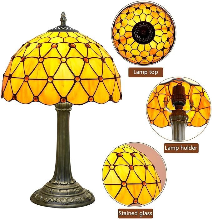 Tiffany Lamp Vintage Bead Orange Table Lamps Bedside for Bedroom Dector Stained Glass Lamps Living Room end Office Kitchen Hotel Bar Farmhouse 12 Inch Aesthetic Nightstand 70s 80s Reading Desk Light - Bloomnest