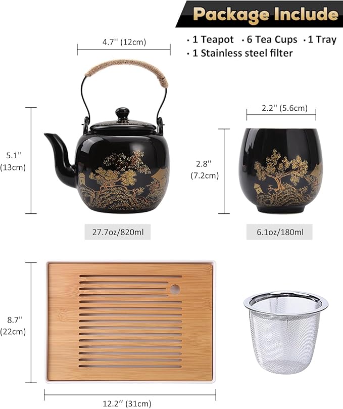 Dujust Japanese Tea Set, Black Porcelain Tea Set with 1 Teapot Set, 6 Tea Cups, 1 Tea Tray, 1 Stainless Infuser, Beautiful Asian Tea Sets for Adults, Tea Lover/Women/Men (Countryside in Golden) - Bloomnest