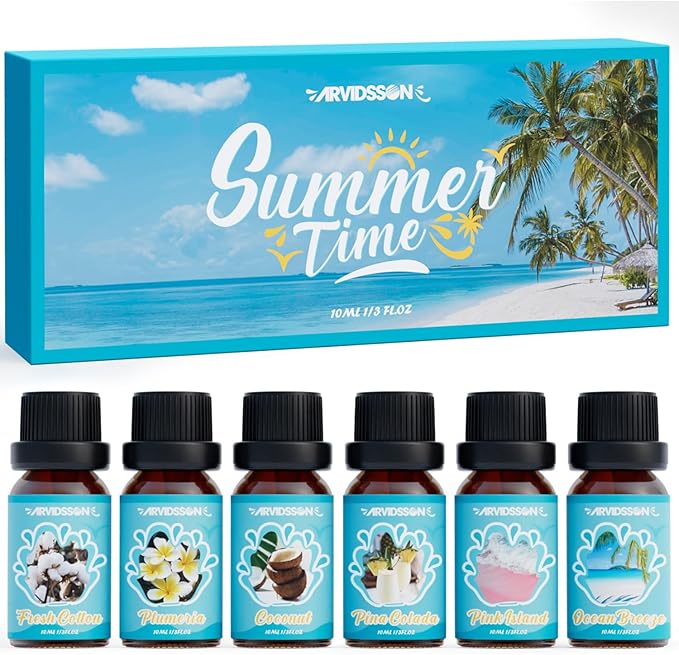 Summer Essential Oils Set, ARVIDSSON Tropical Fragrance Oil for Candle Making, Diffuser Scented Oil - Ocean Breeze, Pina Colada, Fresh Cotton, Pink Island, Plumeria, Coconut - Bloomnest