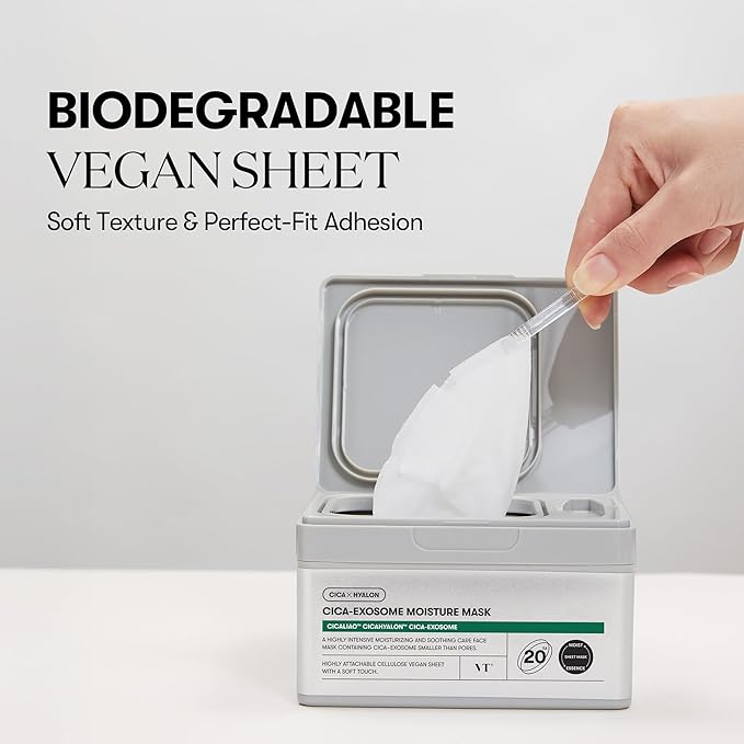 VT COSMETICS Cica-Exosome Moisture Mask 20 Sheets, Centella Asiatica & Hyaluronic Acid with Exosomes for Deep Hydration & Calming, Biodegradable Vegan Sheets, Korean Face Mask - Bloomnest