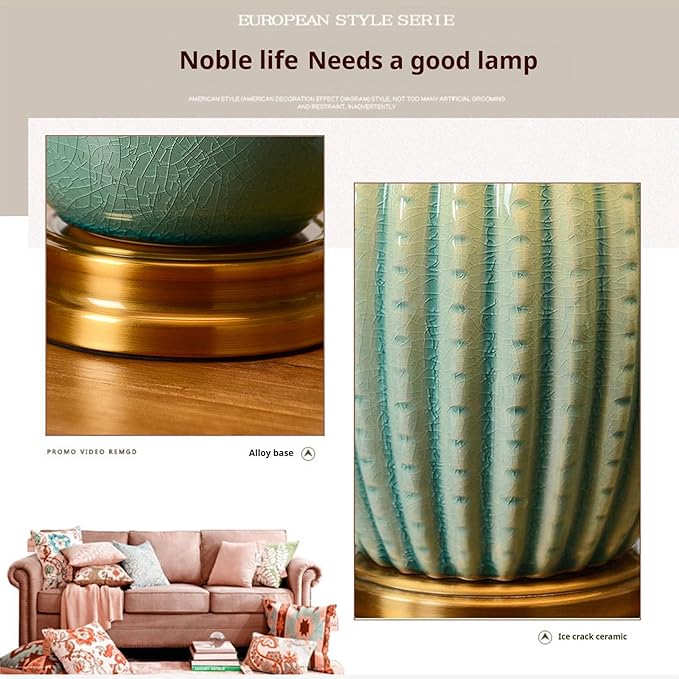 Large Table Light 3 Color Adjustable Ceramic Lamp Vintage Nightstand Lamps Dimmable Bedside Table Lamps for Living Room Bedroom Home Office (Green) - Bloomnest