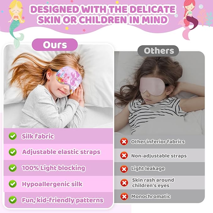 2 Pcs Sleep Mask for Kids Girls, Silk Eye Covers for Sleeping, Adjustable Strap & Light Blocking Design, Children's Bedtime Blindfold for Travel and Home Use (Mermaid) - Bloomnest