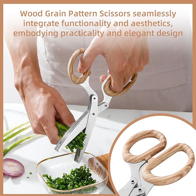 2025 New Herb Scissors Set - Wood Grain Pattern 5 Blades with Cover and Comb - Skin-Friendly Handle, Delicate Grip - Dishwasher Safe, Anti-Rust Stainless Steel for Cutting Fresh Garden Herbs - Bloomnest