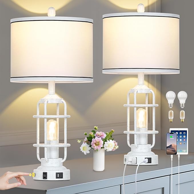Farmhouse Industrial Lamps with USB A+C Charging Ports & AC Outlet, 3 Way Dimmable Touch Control Vintage Rustic Table lamps for Living Room, White Retro Beside Nightstand Metal Modern Lamp for Bedroom - Bloomnest