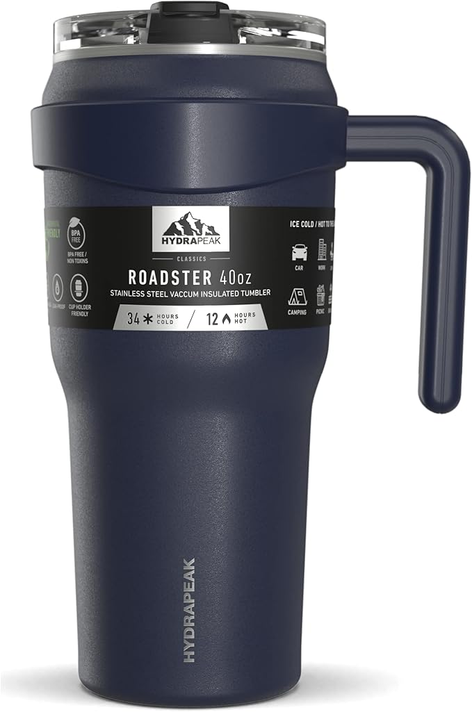 Hydrapeak Roadster 40oz Stainless Steel Tumbler Double Wall Vacuum Insulated Water Bottle With Handle And 2 in 1 Straw Lid (Navy) - Bloomnest