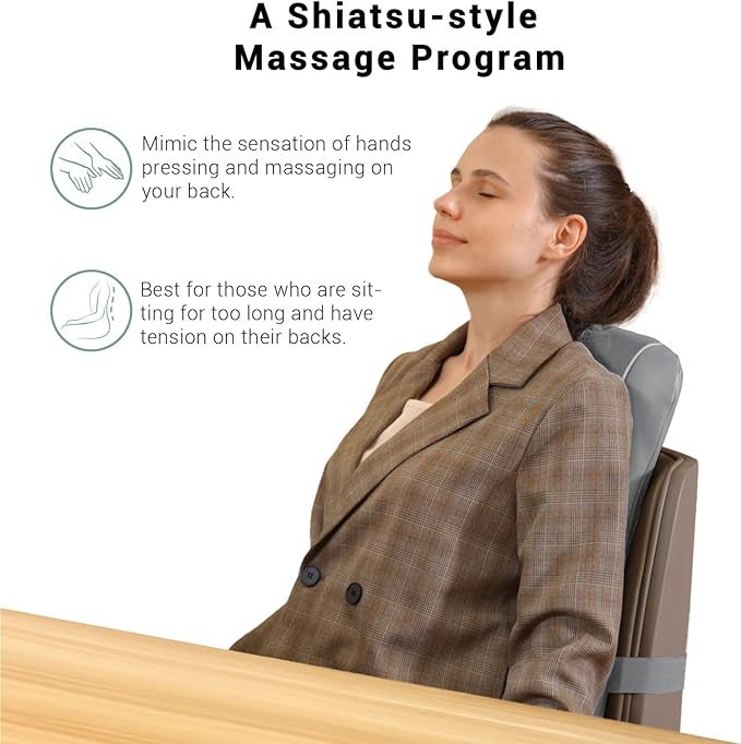 Mynt Gray Back Massager for Chair with Heat for Deep Tissue, Mesh Shiatsu Massage Chair Pad with 4 Deep Kneading Nodes, Heated Back Massage with a Seat Cushion - Bloomnest