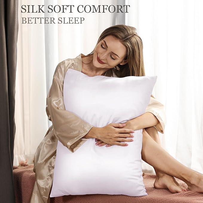 Adubor Silk Pillow Case 2 Pack for Hair and Skin with Hidden Zipper, Both Sides 23 Momme Silk Pillowcase (White, King: 20''X36'') - Bloomnest
