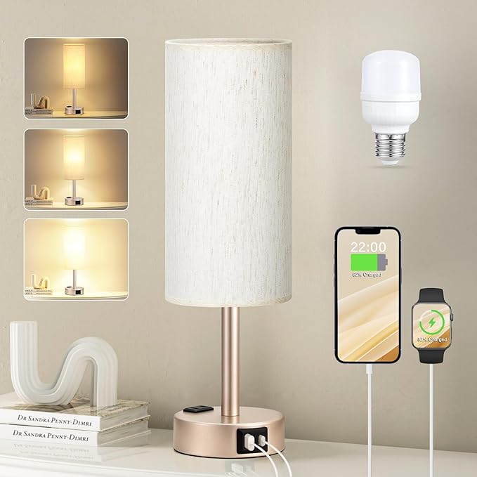 Fenmzee Bedside Table Lamp for Bedroom - 3 Way Dimmable Touch Lamp USB C Charging Ports and AC Outlet, Small Lamp Gold Base Round Flaxen Fabric Shade for Living Room, Desk, LED Bulb Included - Bloomnest