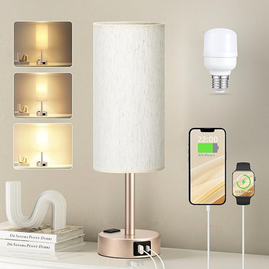 Fenmzee Bedside Table Lamp for Bedroom - 3 Way Dimmable Touch Lamp USB C Charging Ports and AC Outlet, Small Lamp Gold Base Round Flaxen Fabric Shade for Living Room, Desk, LED Bulb Included - Bloomnest