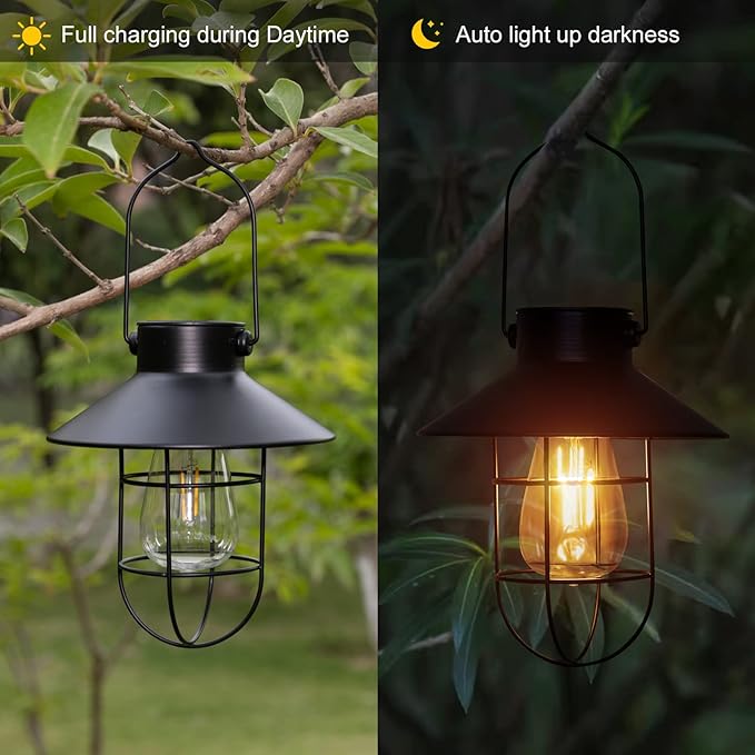 pearlstar Solar Lantern Outdoor 2 Packs Hanging Light Metal Solar Lamp with Warm White Edison Bulb Design for Garden Yard Patio Proch Decor(Black) - Bloomnest