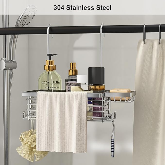 Hanging Shower Caddy, 304 Stainless Steel Shower Organizer with Towel Bar & Hooks, Over Shower Rod, Towel Bar or Glass Panel Storage Basket with Soap Holder, Rustproof Bathroom Caddy, 1 Pack - Bloomnest