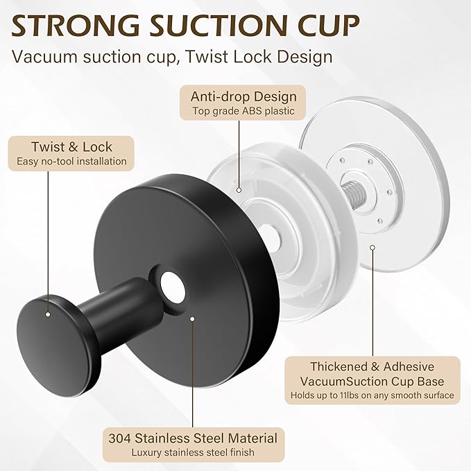 Shower Suction Cup Hooks, Heavy Duty Bathroom Wall Hooks for Towels, Robes, Loofahs, Removable Metal Hook for Tile Glass Mirror, No Drill(4 Pack, Black) - Bloomnest