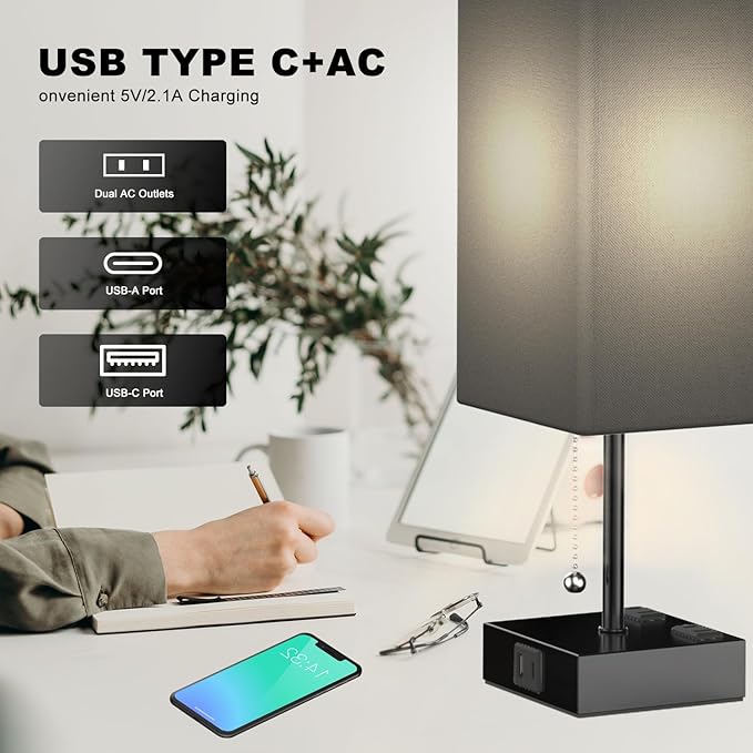 Table Lamp for Bedroom with USB,Bedside Lamp with USB C+A Charging Ports,Adjustable 3color LED Light for Home Decor/Nightstand/Office,Included Bulb and Fabric Lamp Shade (Linen Black, 1PCS) - Bloomnest