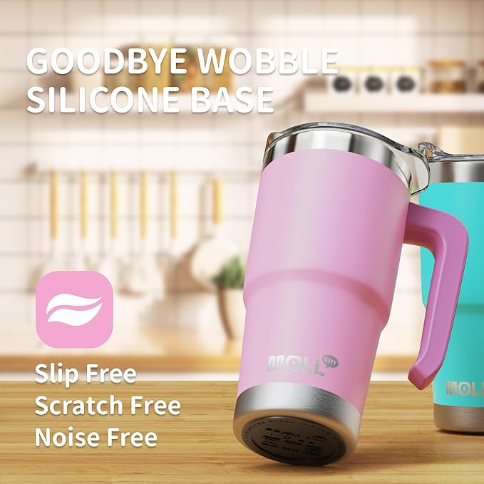 Insulated Tumbler with Handle 16 oz Stainless Steel Double Wall Vacuum Tumbler Cups Travel Coffee Mug with Lid and Straw (Purple Pink) - Bloomnest