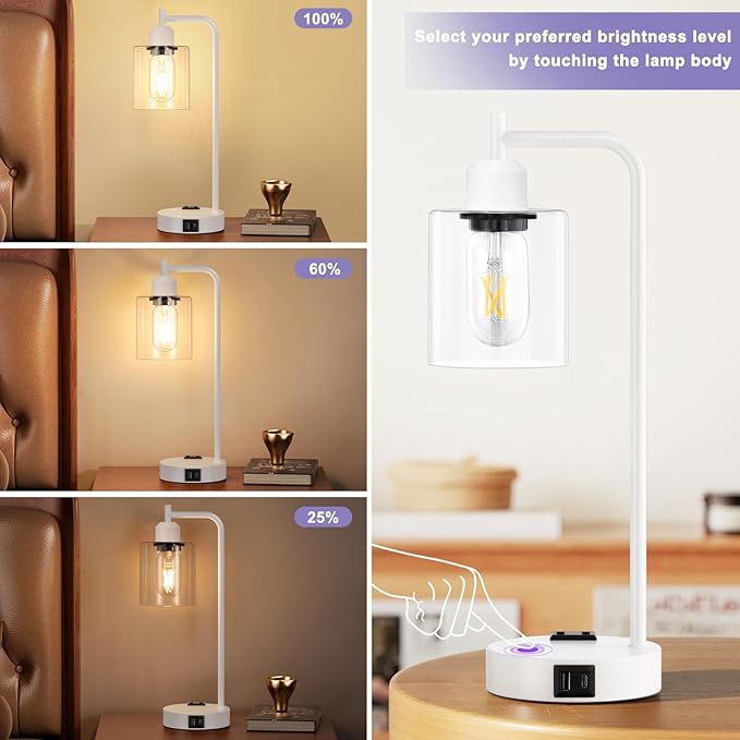 Innqoo Industrial White Table Lamps for Bedrooms Set of 2-3-Way Dimmable Desk Lamp with USB C+A Ports and Outlet, White Lamps with Clear Glass Shade for Living Room - Bloomnest