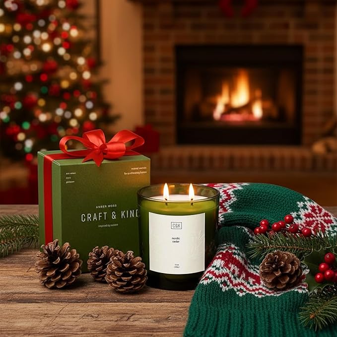 Craft & Kin Green Christmas Scented Candles | 12oz Premium Nordic Cedar Scented Candles for Men | Made with Natural Soy | Holiday Candle Gifts for Men and Women | Nature Collection - Bloomnest