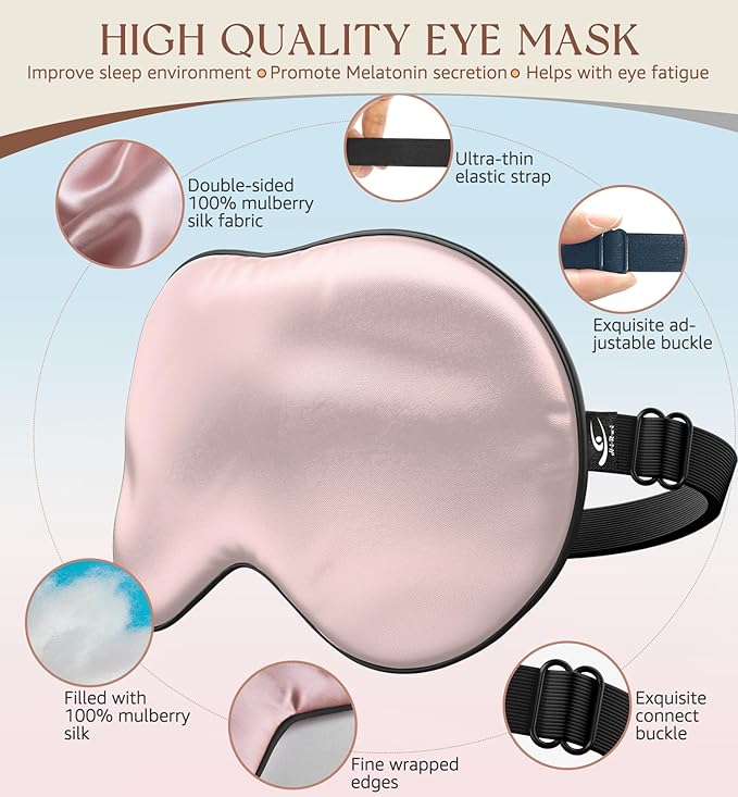 HiRui Silk Sleep Mask, 100% Natural Mulberry Silk of Double-Sided & Inner-Filling, Ultra-Smooth Soft, Adjustable Strap, Blocks Light for Night Sleeping, Travel, Office Naps (Pink) - Bloomnest