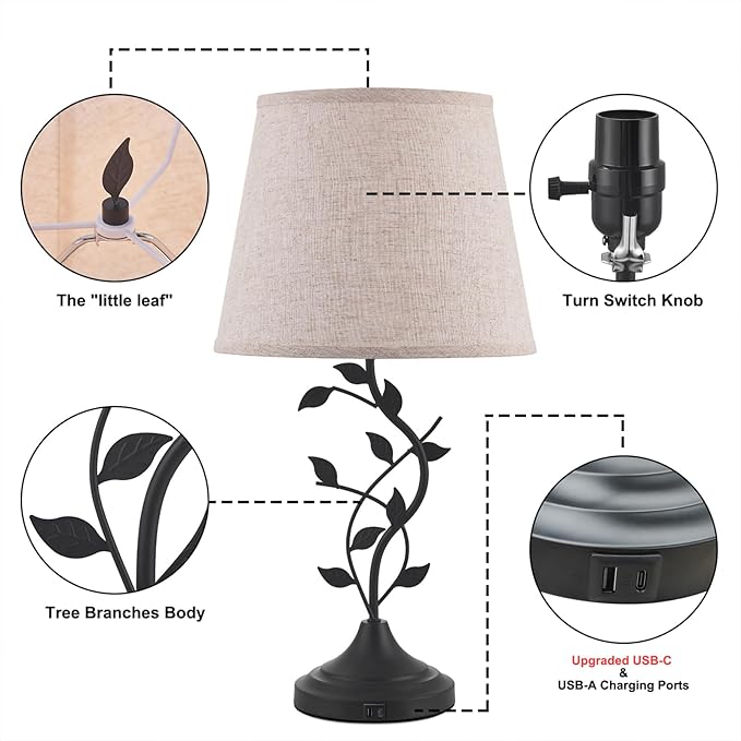 Kakanuo Table Lamp for Bedside, Lamp for Living Room with USB-A and USB-C Charging Ports, Traditional Tall Bedroom Lamp for End Table - Bloomnest