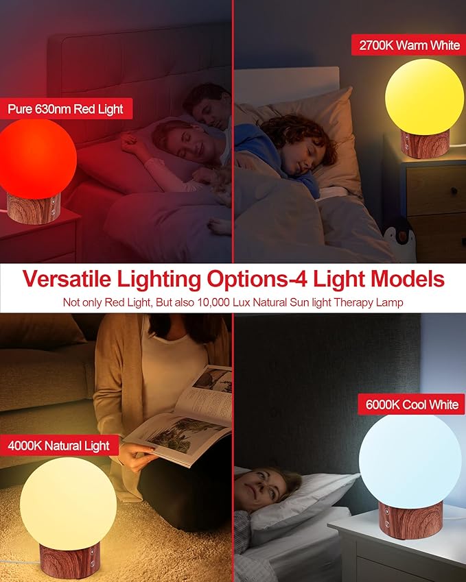 630nm Red Light Therapy Night Light Lamp for Bedroom Sleep Red Moon Nightlight Desk Lamp with 4-Color and 5-Brightness Options 30-120Min Timer Remote Control USB C Charging Elegant Design - Bloomnest