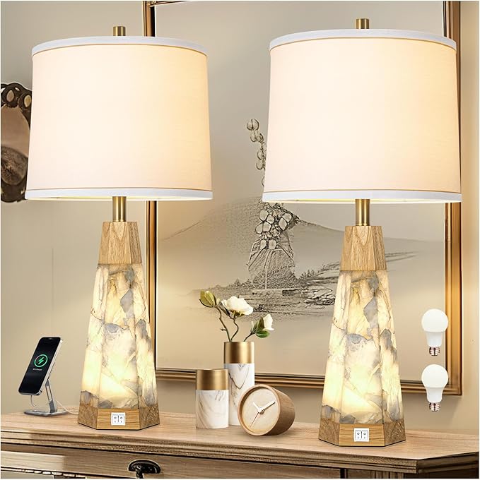 27" Natural Alabaster And Real Wood Table Lamp Set of 2 With Night Light Nightstand Lamps With USB Ports White Linen Fabric Shade Bedside Lamp Decor For Living Room Bedroom Home Office Hotel Bar House - Bloomnest