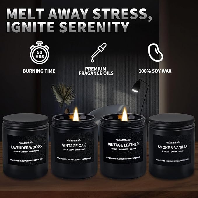 Scented Candle Set, Men Candle Set, Scented Candles for Home, Gifts for Men, 4 Pack Manly Christmas Candles Gifts for Mens Scents of Smoke Vanilla/Leather/Oak/Lavender Wood - Bloomnest
