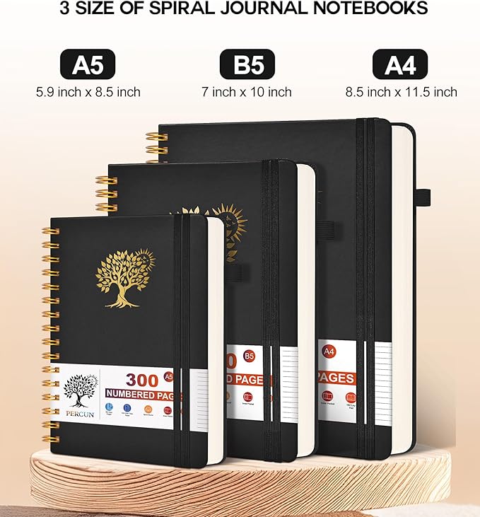 Spiral Notebook Journal for Women Men, 300 Numbered Lined Pages, College Ruled, A5 Hardcover Spiral Bound Notebook for School, Work, Note Taking Writing, Leather Spiral Journal Medium 5.9"x8.5" - Bloomnest