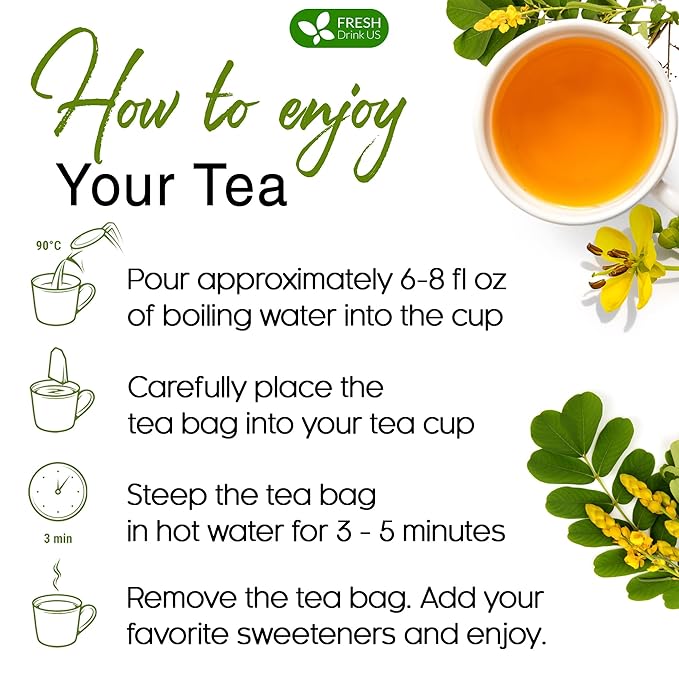 FreshDrinkUS, Premium 135 Senna Leaf Tea Bags for Constipation, Supports Your Cardiovascular System, 100% Natural & Pure. Loose Leaf Senna Herbal Tea, Made with Natural Material Tea Bags. Non GMO, No Sugar/ Caffeine/ Gluten, Vegan. - Bloomnest