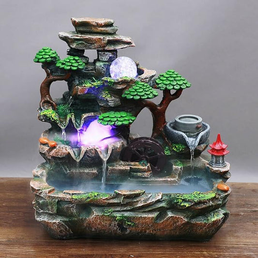 Tabletop Fountain Decorations,Tabletop Fountain Indoor Humidifier with Rockery Mountain Waterfalls,Plant,LED Light,Rockery Crafts Gift Fountain for Home Office Bedroom Desk Ornaments,US Stock