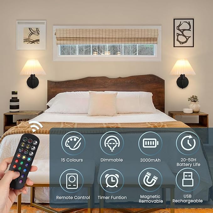 Rechargeable Battery Operated Wall Sconce Sets of 2, 15 Colors Wireless gooseneck Black Wall Lights Fixture with Dimmable Bulbs and Remote, Not Hardwired Wall Mounted Lamps for Bedroom Living Room - Bloomnest