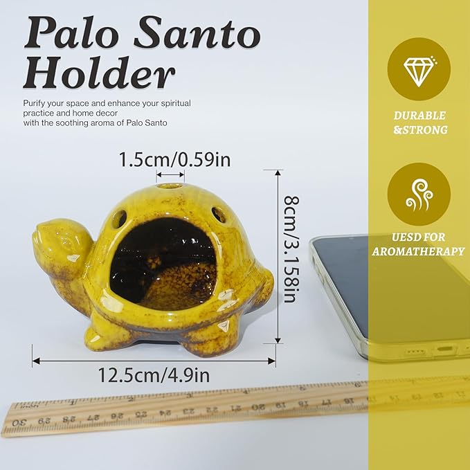 Yellow Ceramic Turtle Palo Santo Burner Holder-Mini Chiminea Incense Dish for Burning Smudge Sticks、Sage、Aromatic Santos、 Incense Cones Fits Altar &Zen Spaces,Unique Gift for Friends & Family MOUGIGI