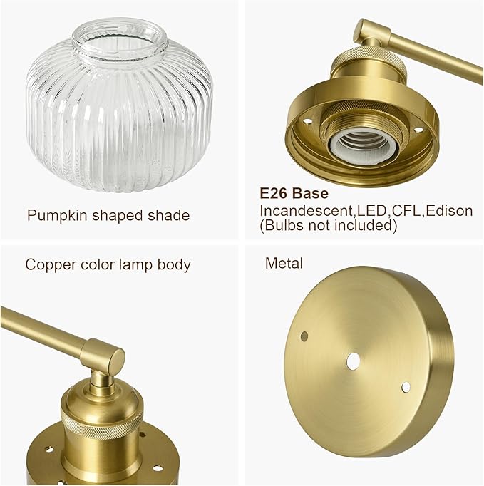 Vintage Wall Sconces with Clear Pumpkin Glass Lampshade, Indoor Bath-Room Wall Sconce, Modern Gold Industrial Lighting Fixture for Mirror Living Room Hallway 1 Pack - Bloomnest