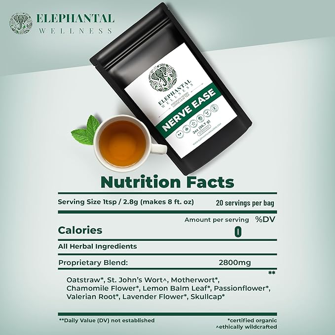 Elephantal Wellness Nerve Ease Herbal Tea | Calming Nervous System Support with Chamomile Tea, Passionflower, Lemon Balm Tea, Valerian & St. John’s Wort | Loose Leaf, Caffeine-Free, 2oz, 20 Servings - Bloomnest