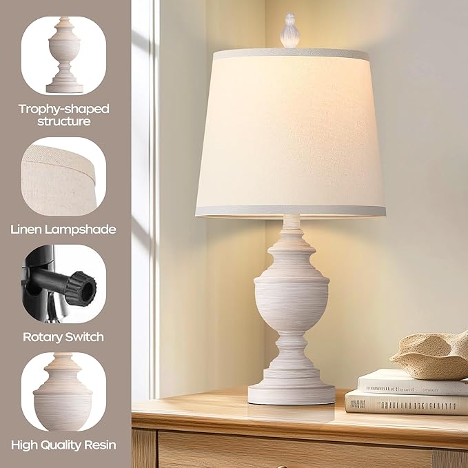 PARTPHONER Retro Table Lamps Set of 2, Bedside Lamp for Bedroom Rustic Farmhouse Table Lamps for Living Room, 22" Vintage Nightstand Lamps with White Shades, White - Bloomnest