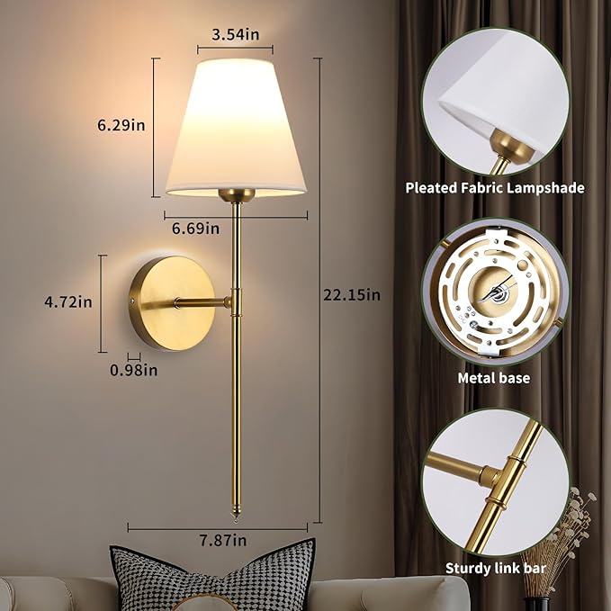 Battery Operated Wall Sconce Set of 2, 15 Colors Wireless Wall Light With Dimmable Remote Control Last 18-50 Hours, Gold Rechargeable Wall Lamp With White Fabric Shade For Living Room Bedroom Hallway - Bloomnest