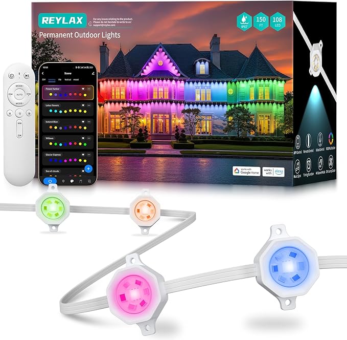 REYLAX Permanent Outdoor Lights Pro, 150ft with 108 Triple-LED 135lm, RGB+IC Smart Eaves Christmas Lights for House, IP67 Waterproof, Multi Scenes for Outdoor Decor, Works with Alexa, Google, Remote - Bloomnest