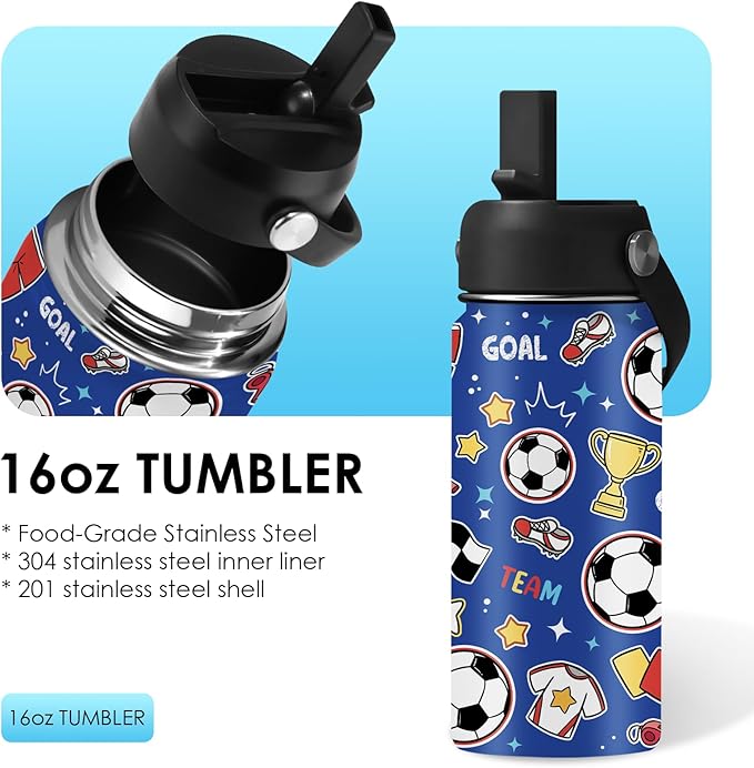 Soccer Gifts for Kids - 16 Oz Kids Water Bottle with Straw Lid, Stainless Steel Insulated Tumbler, Leak Proof, BPA-Free, for Girls, School, Travel - Soccer Lovers Children Birthday Gifts Cups(1pc) - Bloomnest
