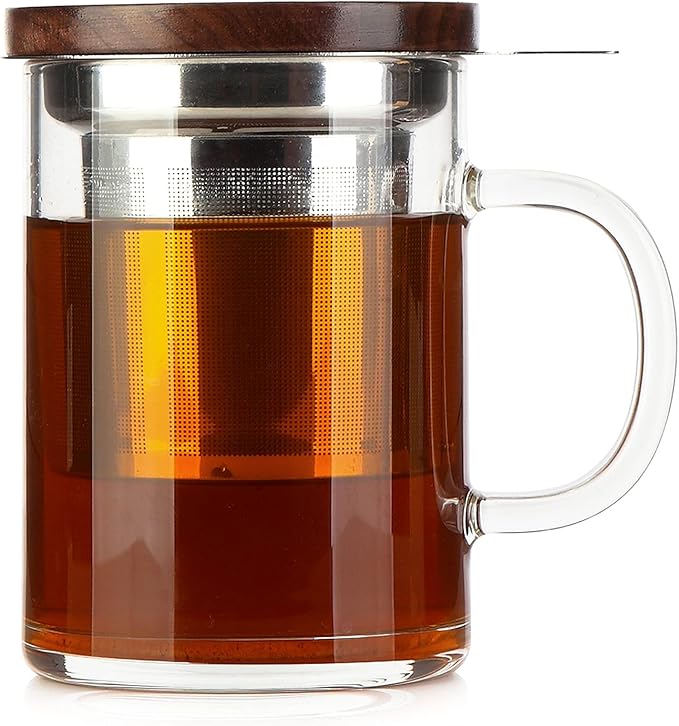 COMI Tea Cup with Infuser Walnut Lid&Handle, Glass Tea Cups with Wide Mouth Extra Large Capacity, Stainless Steel Tea Infuser Mug for Loose Leaf Tea Steeping(14oz/400ml) - Bloomnest