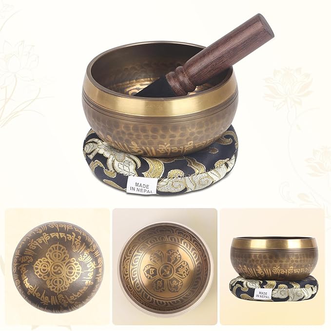 Kmise Tibetan Singing Bowls Set- Handmade in Nepal Meditation Sound Bowls for Yoga, Meditation, Mindfulness, Healing and Chakra Balancing, Stress Relief (4', Brown) - Bloomnest