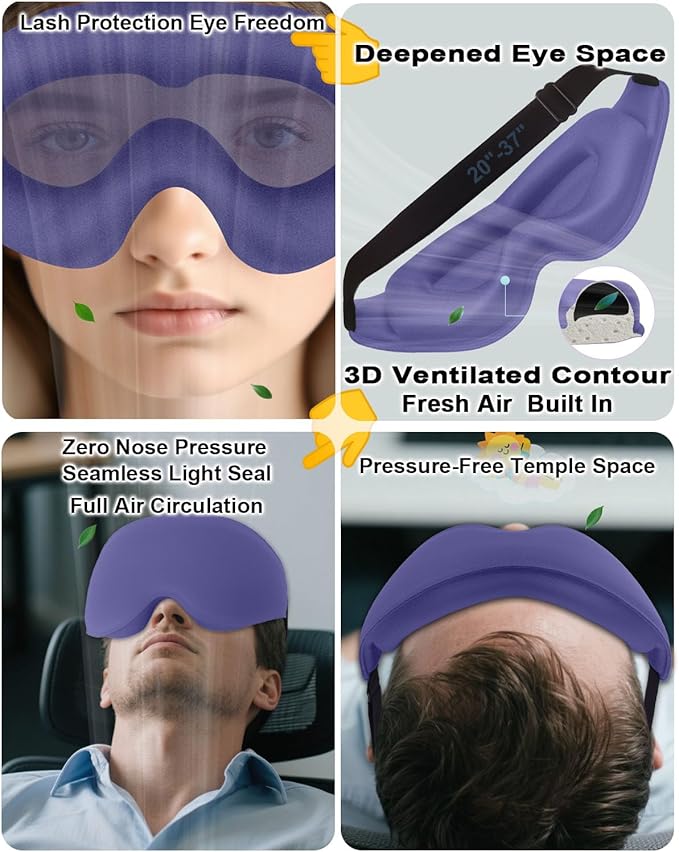 Sleep Mask for Women Men, Machine Washable, Pressure-Free Temple and Nose Space, 3D Ventilated Contour (Blue) - Bloomnest