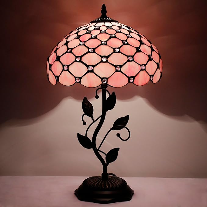 Tiffany Lamp Table Lamp Stained Glass Desk Lamps 12X12X19 Inches Reading Light Decor Bedroom Living Room (Pink Bead Style) - Bloomnest