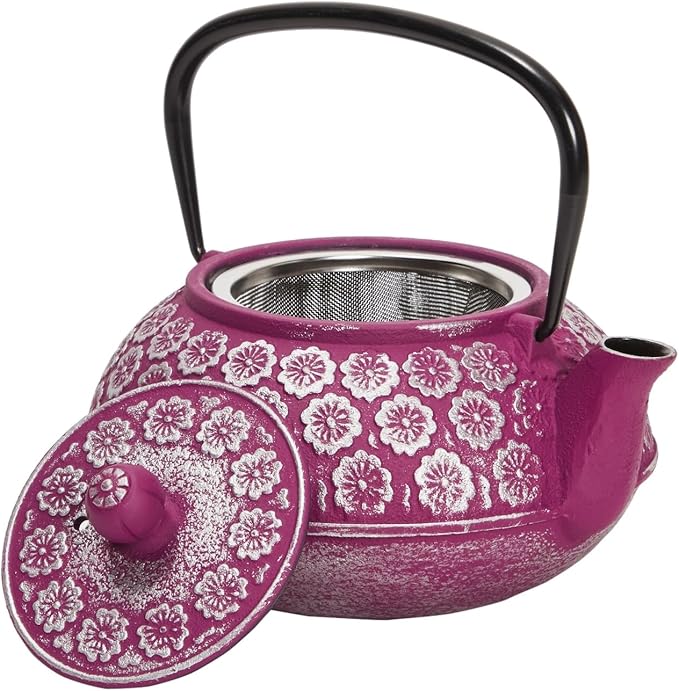 Purple Floral Cast Iron Teapot Kettle with Stainless Steel Loose Leaf Infuser (34 oz) - Cast Iron Tea Kettle - Tea Infuser Pot