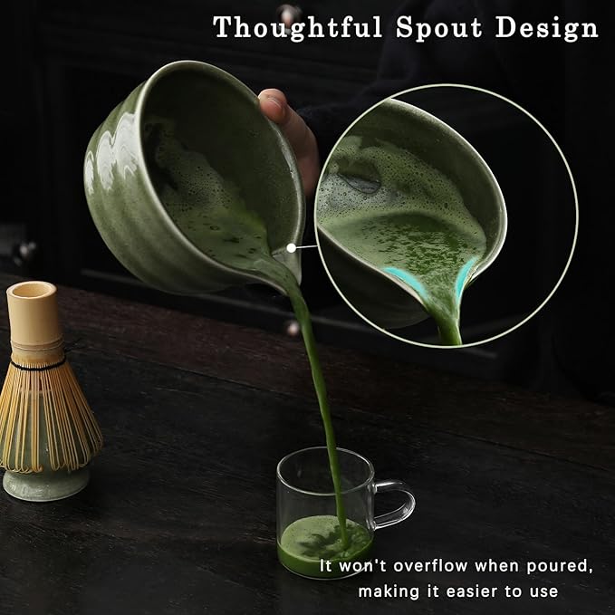 Matcha Set, Matcha Bowl with Spout, Matcha Whisk and Holder, Bamboo matcha Scoop and Stainless Sifter - 5 Pcs Jade Green Matcha Set Kit for Matcha Lover - Bloomnest